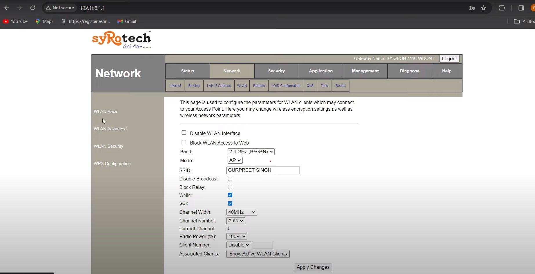 Network settings section in modem interface